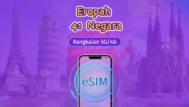 Eropah (41 negara) | eSIM 5G/4G | Pas Harian/Pakej Jumlah | Bil harian semula jadi | 1-90 hari | Kod QR