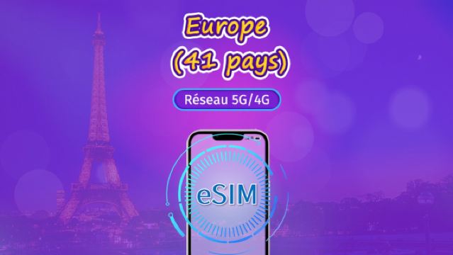 Europe (41 pays) | eSIM 5G/4G | Forfait journalier/forfait total | Facturation par jours naturels | 1 à 90 jours | Code QR