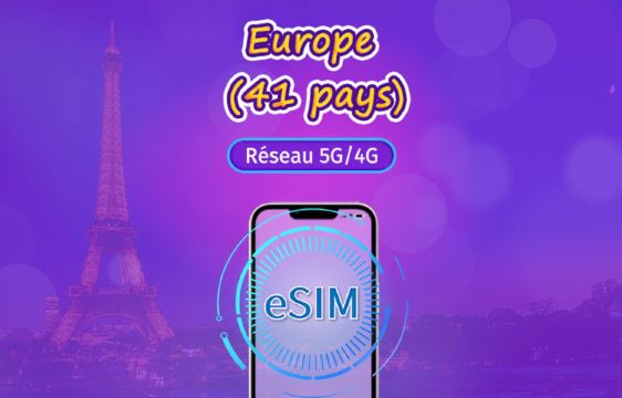 Europe (41 pays) | eSIM 5G/4G | Forfait journalier/forfait total | Facturation par jours naturels | 1 à 90 jours | Code QR