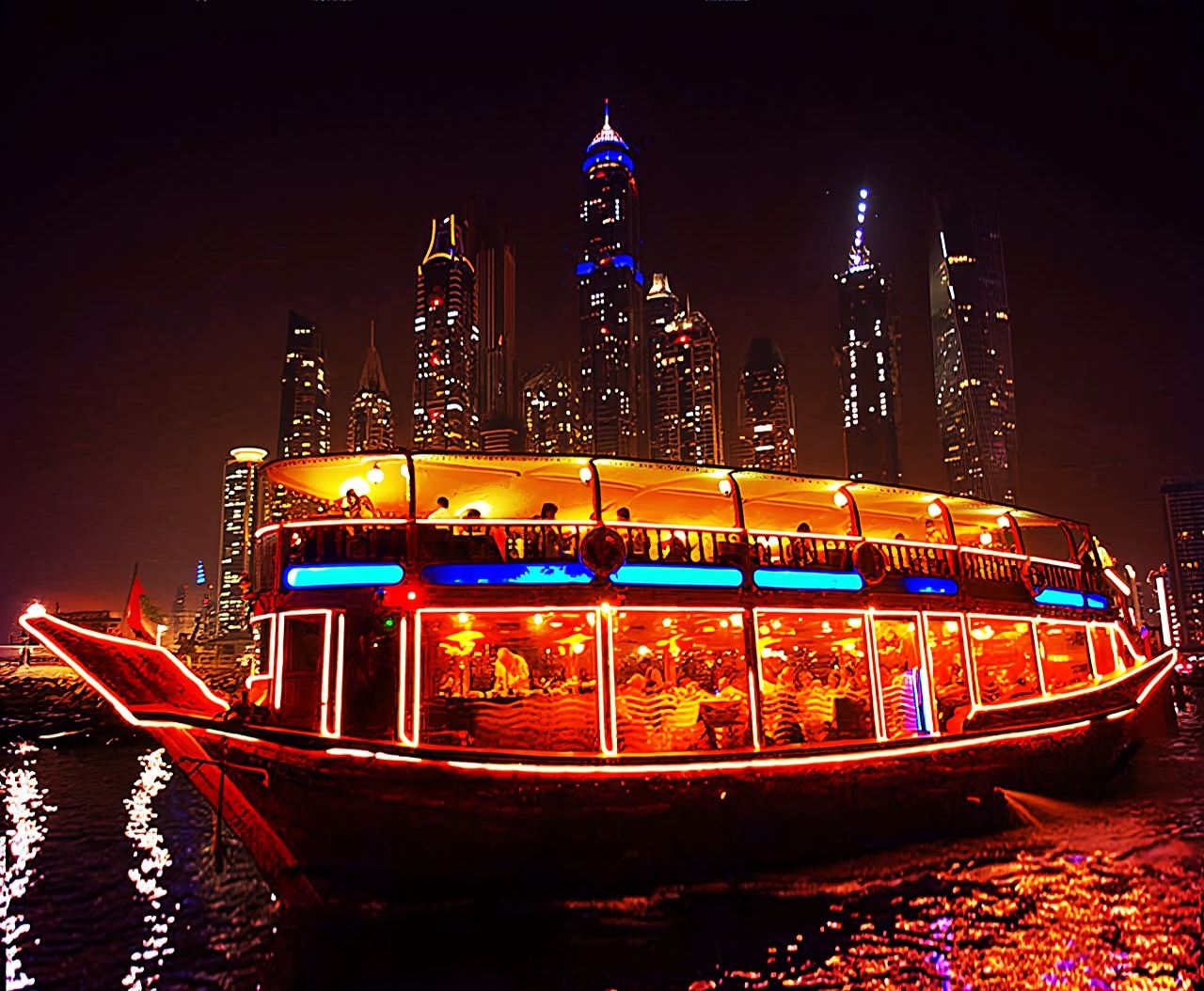 การล่องเรือตอนกลางคืนที่คลองดูไบ สามารถขึ้นชั้นสองได้ / อาหารเย็นที่ครีก/มารีนาพร้อมการแสดงสุดพิเศษ