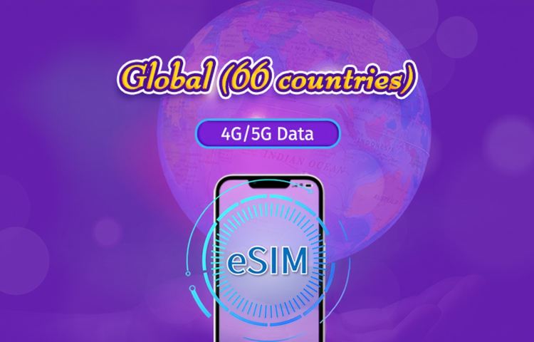 Global (66 países) | eSIM 4G/5G | Pacote de dados | Cobrança por 24 horas | 1-7 dias | Código QR