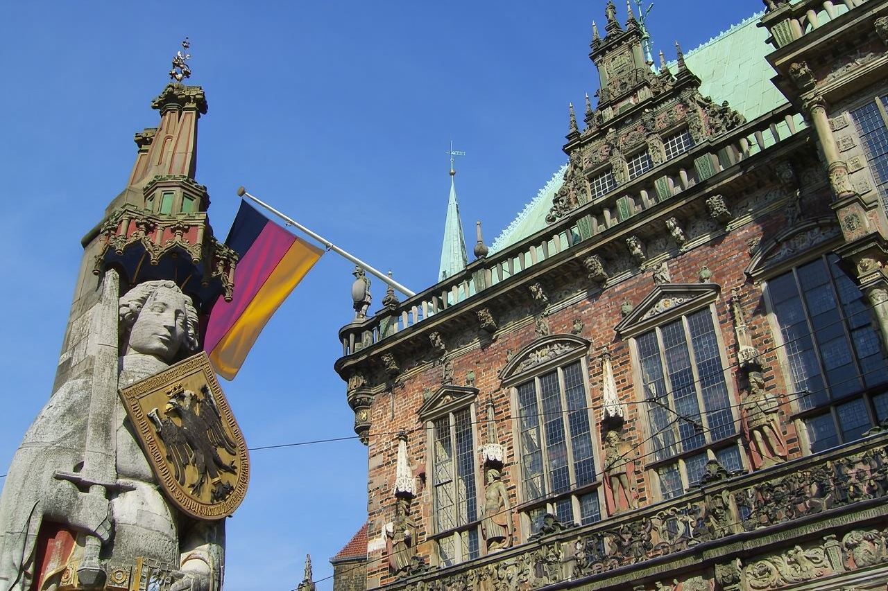 Germany + Bremen Market Square + Wallanlagen + Weser Stadium + Rolandsstatue