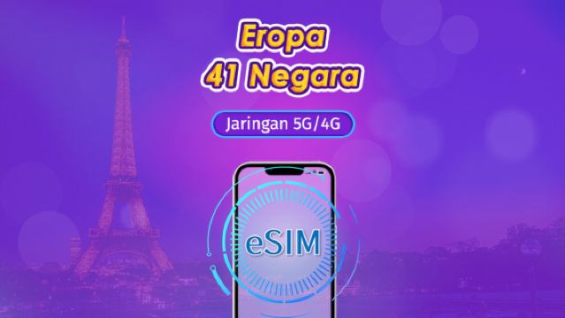 Eropa (41 negara) | eSIM 5G/4G | Paket Harian/Paket Total | Pembayaran berdasarkan hari alami | 1–90 Hari | Kode QR