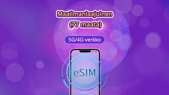 Globaali (77 maata) 5G/4G eSIM | Tukee Google Maps/TikTok/ChatGPT:tä | Datapaketti | 24 tunnin laskutus | 1–7 päivää | QR-koodi
