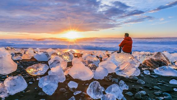 A one-day tour to Iceland's Glacier Lagoon and Diamond Beach with the option of an amphibious boat trip to experience the thousand-year-old Vatnajökull glacier