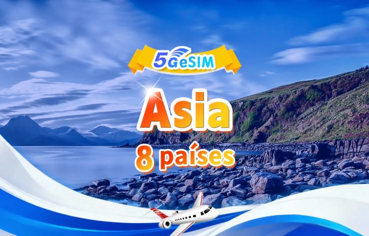 eSIM 5G/4G para 8 países de Asia | Paquete diario/de datos total | 500MB/día - 50GB total | 1-30 días | Sistema de 24 horas | Código QR