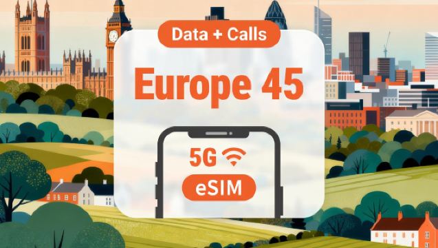 eSIM 5G do Reino Unido + 44 países europeus cobertos | Dados ilimitados em alta velocidade + chamadas + SMS | Opções de 15 dias/30 dias | Código QR