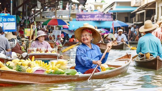Hotel Transfers•Rowing Boat•Small Group | Day tour to Damnoen Saduak Floating Market & Maeklong Railway Market in Bangkok | Optional Private Tour