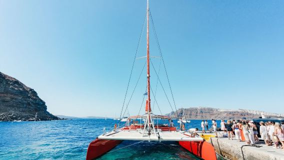 Santorini Dynamic Red Catamaran Tour (Morning and Evening Cruise + 50-55 People Group)