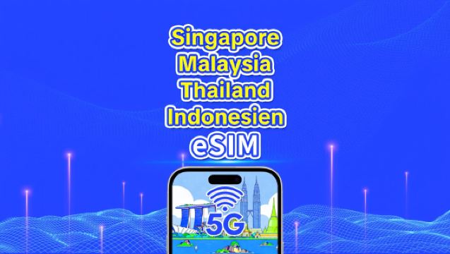 Sydøstasien eSIM | Singapore/Malaysia/Thailand/Indonesien | 5G/4G | Kalenderdage | 1-30 dage | QR-kode