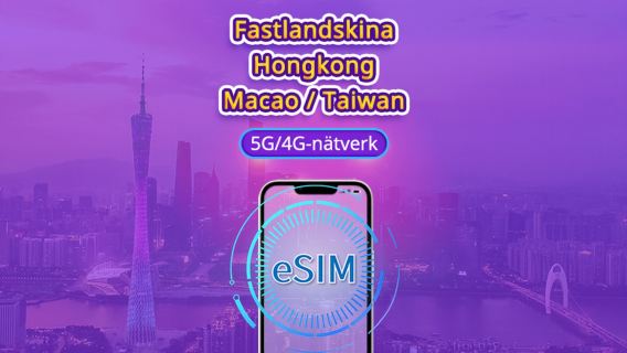 Fastlandskina/Hongkong/Macao/Taiwan | 5G/4G eSIM | Daglig förbrukning/datapaket | 24-timmars debitering | 1-30 dagar | QR-kod