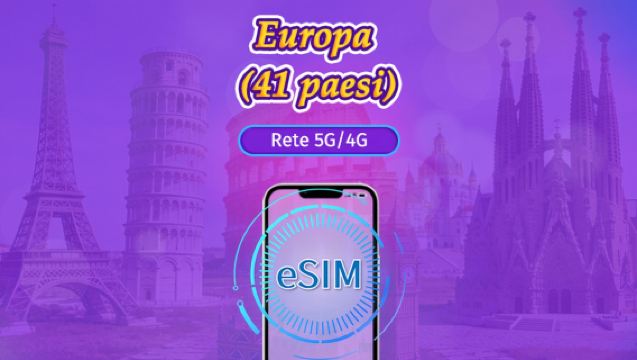 Europa (41 paesi) | eSIM 5G/4G | Pass giornaliero / Pacchetto totale | Addebito al giorno naturale | 1-90 giorni | Codice QR