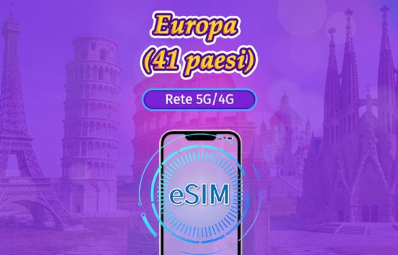 Europa (41 paesi) | eSIM 5G/4G | Pass giornaliero / Pacchetto totale | Addebito al giorno naturale | 1-90 giorni | Codice QR