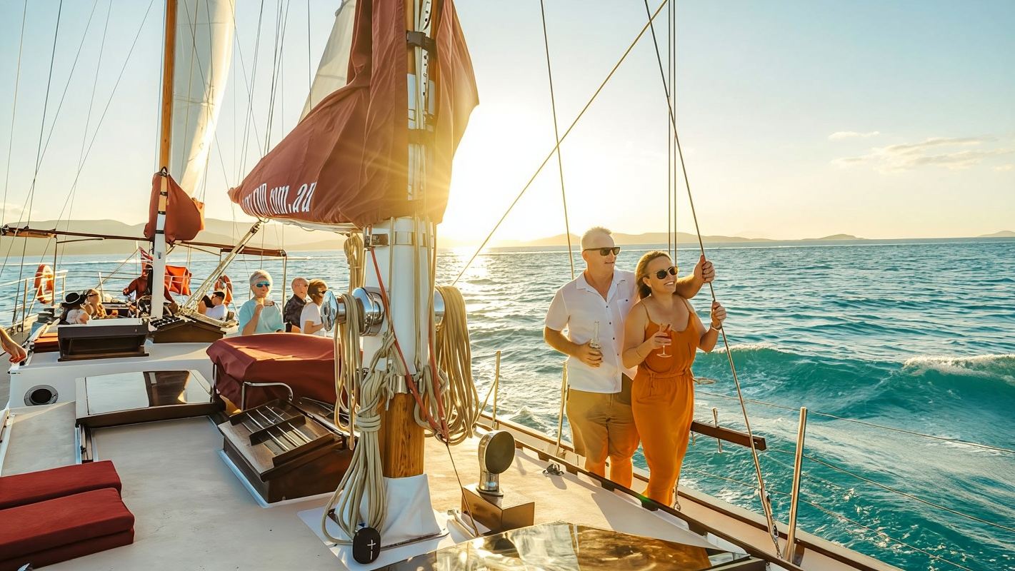 Pulau Whitsunday Lady Enid Sunset Kapal Layar [Gaya klasik | Hidangan ringan di atas kapal sambil menikmati matahari terbenam]