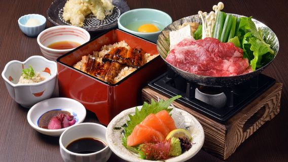 【江戸川ならまち店】うなぎご飯、ミニうなぎ卵焼き、天ぷら、3点定食