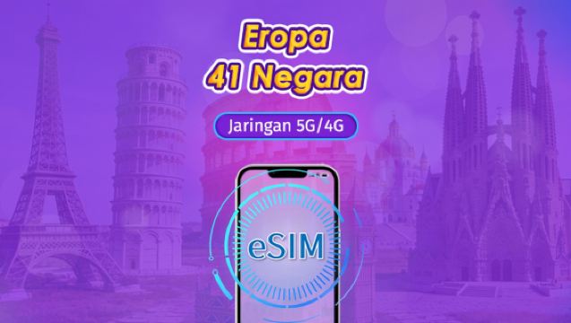 Eropa (41 negara) | eSIM 5G/4G | Paket Harian/Paket Total | Pembayaran berdasarkan hari alami | 1–90 Hari | Kode QR