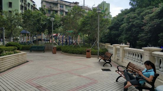 花园在体育馆的前面，这个公园和体育馆的前地浑然成为一体，还真