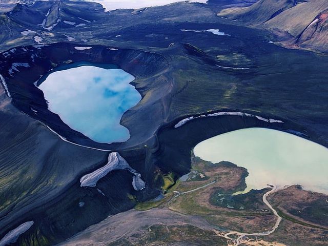 Colored lakes at the peak of a volcano