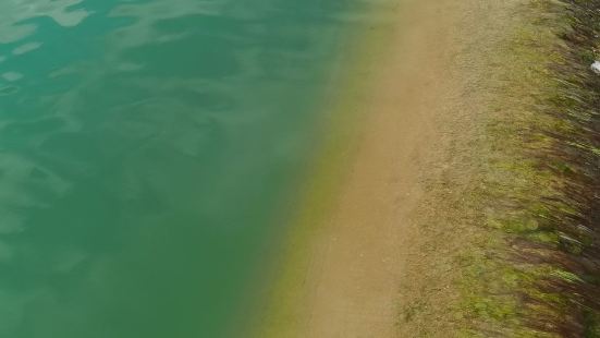 風景：低處水清澈見底，紅色海菜草隨着水流輕輕搖擺，為水面畫上