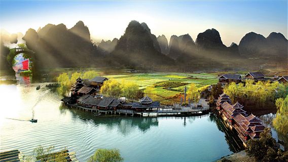 Yangshuo Private Guided 1-Day Tour Utopia Yinziyan Xingping Ancient Town Twenty Yuan RMB Background Picture Yulong River Bamboo Raft Gongnong Bridge