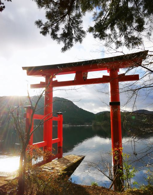 大判手彩色古写真 箱根2枚 箱根神社からの芦ノ湖 元箱根の街道