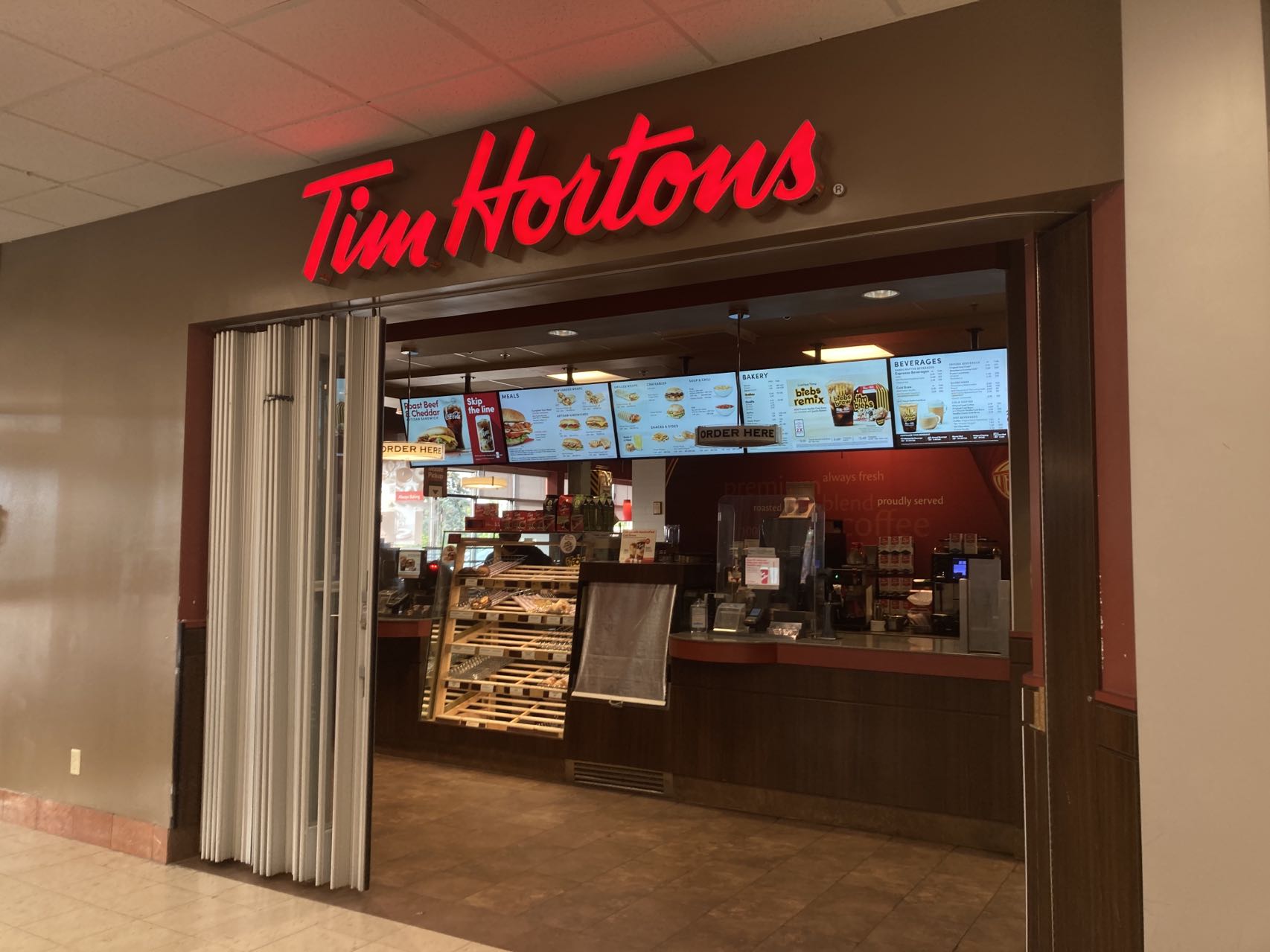 Menu at Tim Hortons restaurant, Toronto, 45 Overlea Blvd