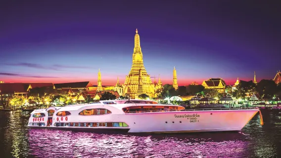 Nachtkreuzfahrt auf dem Chao Phraya in Bangkok, Thailand | Wählen Sie aus einer Vielzahl von Luxuskreuzfahrten | Inklusive Abendbuffet + optionale Sitzplätze an Deck