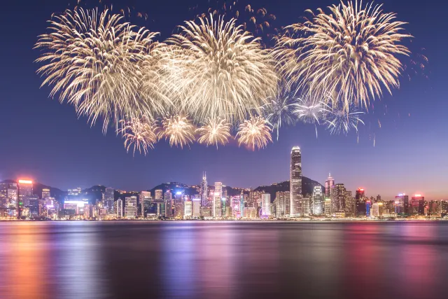 Fireworks over Victoria Harbour, Hong Kong