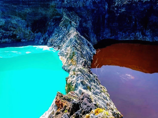 Colored lakes at the peak of a volcano