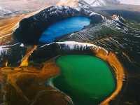 Colored lakes at the peak of a volcano
