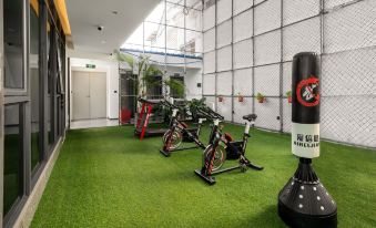 a modern gym with green grass flooring , white walls , and multiple exercise equipment including treadmills , stationary bikes , and punching bag at Mehood  Lestie Hotel