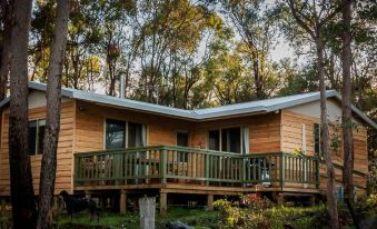 a wooden house with a green roof and a deck is surrounded by trees in the autumn season at Balingup Heights Hilltop Forest Cottages