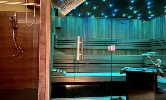 a modern sauna with blue lights , wooden walls , and glass doors , as well as a shower area at Green Garden Hotel