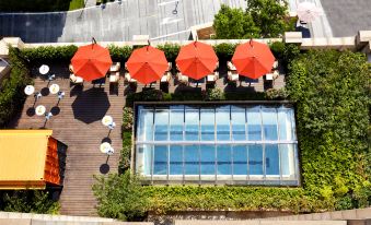 An aerial view reveals a rooftop pool adorned with umbrellas and tables at THE ONE Shanghai Downtown Vignette Collection by IHG