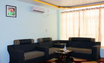 a living room with blue walls , black couches , and a coffee table , along with an air conditioner on the ceiling at Big Hotel