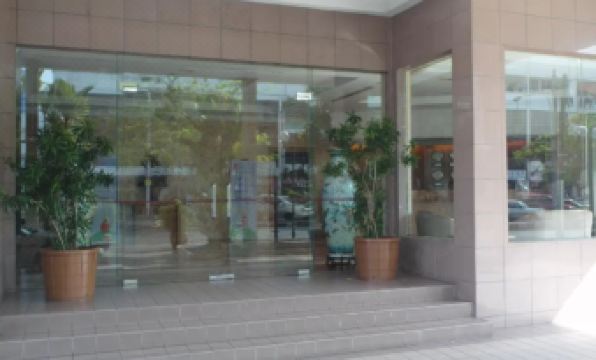 a building entrance with a large glass door and several potted plants on the steps at Somerset Hotel