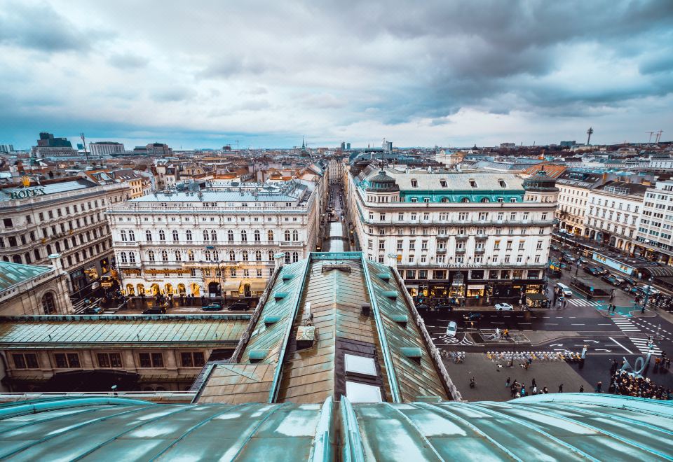 a city skyline with buildings and streets , taken from the top of a building with people walking around at Hotel Bristol, a Luxury Collection Hotel, Vienna