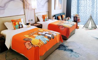 elegant room featuring comfortable beds adorned with decorative bedspreads and framed pictures at Grand Millennium Shanghai HongQiao
