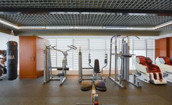 a well - equipped gym with various exercise equipment , such as weights , treadmills , and stationary bikes , arranged in a spacious room at Mercure Urumqi South Lake