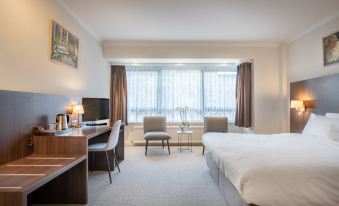 a hotel room with a bed , desk , and chairs , as well as a window with curtains at Hotel Carlton