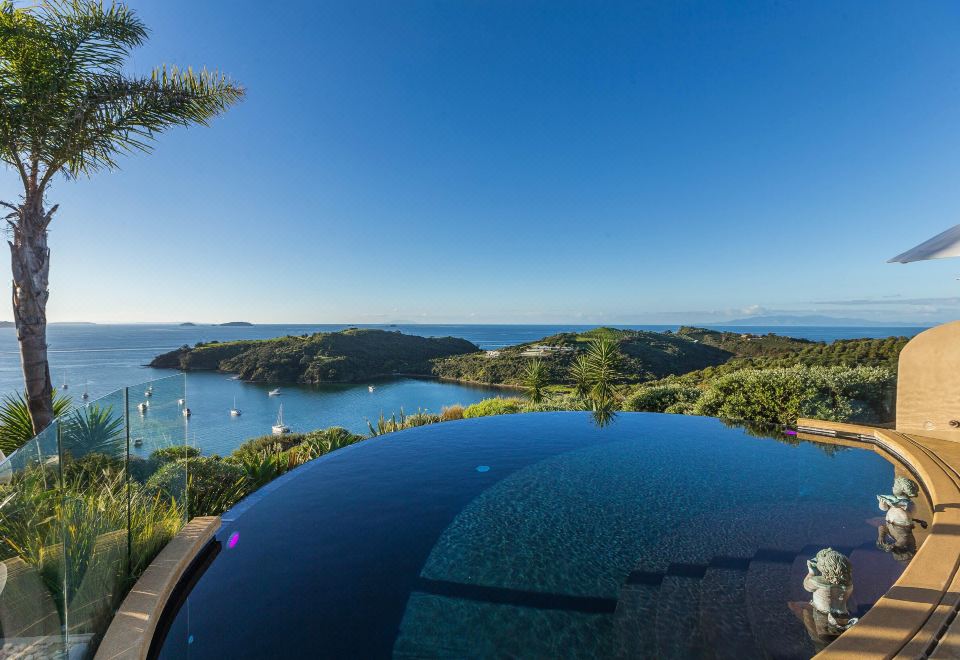 a large , circular pool is surrounded by palm trees and overlooks the ocean with boats in the distance at Delamore Lodge
