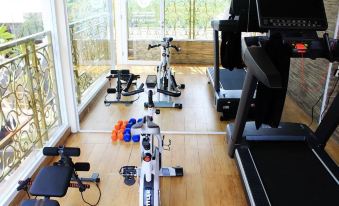 a gym with various exercise equipment , including stationary bikes and treadmills , in a room with large windows at Sapphire Sky Hotel & Conference