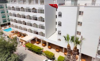 a large white building with a red flag on the top is surrounded by palm trees and parked cars at Altinersan Hotel