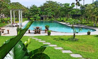 a large , rectangular pool surrounded by lush greenery and a wooden bench in the foreground at Hotel Bonero Residence