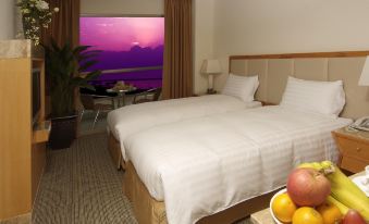 a hotel room with two beds , one on the left side of the room and the other on the right side at Ocean Hotel