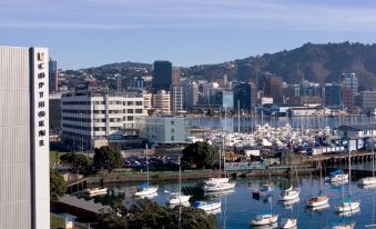 a city skyline with several boats docked in a harbor , surrounded by buildings and trees at Copthorne Hotel Wellington, Oriental Bay