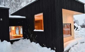 a modern , black house with a wooden exterior and large windows is surrounded by snow at Birchwood Chalet