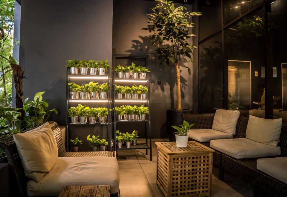 a cozy living room with various potted plants , chairs , and couches arranged around a coffee table at Z Hotel Johor Bahru