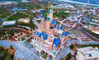 The aerial view showcases the city and its surroundings, featuring a prominent castle surrounded by numerous smaller buildings at Home Inn (Shanghai Pudong Airport)