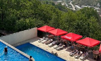 a large swimming pool surrounded by lounge chairs and umbrellas , with a mountainous landscape in the background at Grand House hotel & zipline